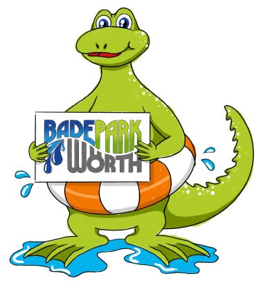 Comicfigur Drache mit Schwimmflossen und Badeparkschild