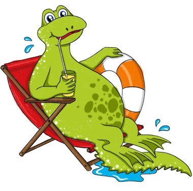 Comicfigur Drache mit Schwimmflossen im Liegestuhl