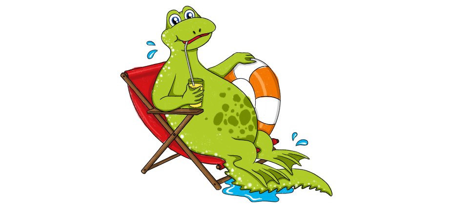 Comicfigur Drache mit Schwimmflossen im Liegestuhl